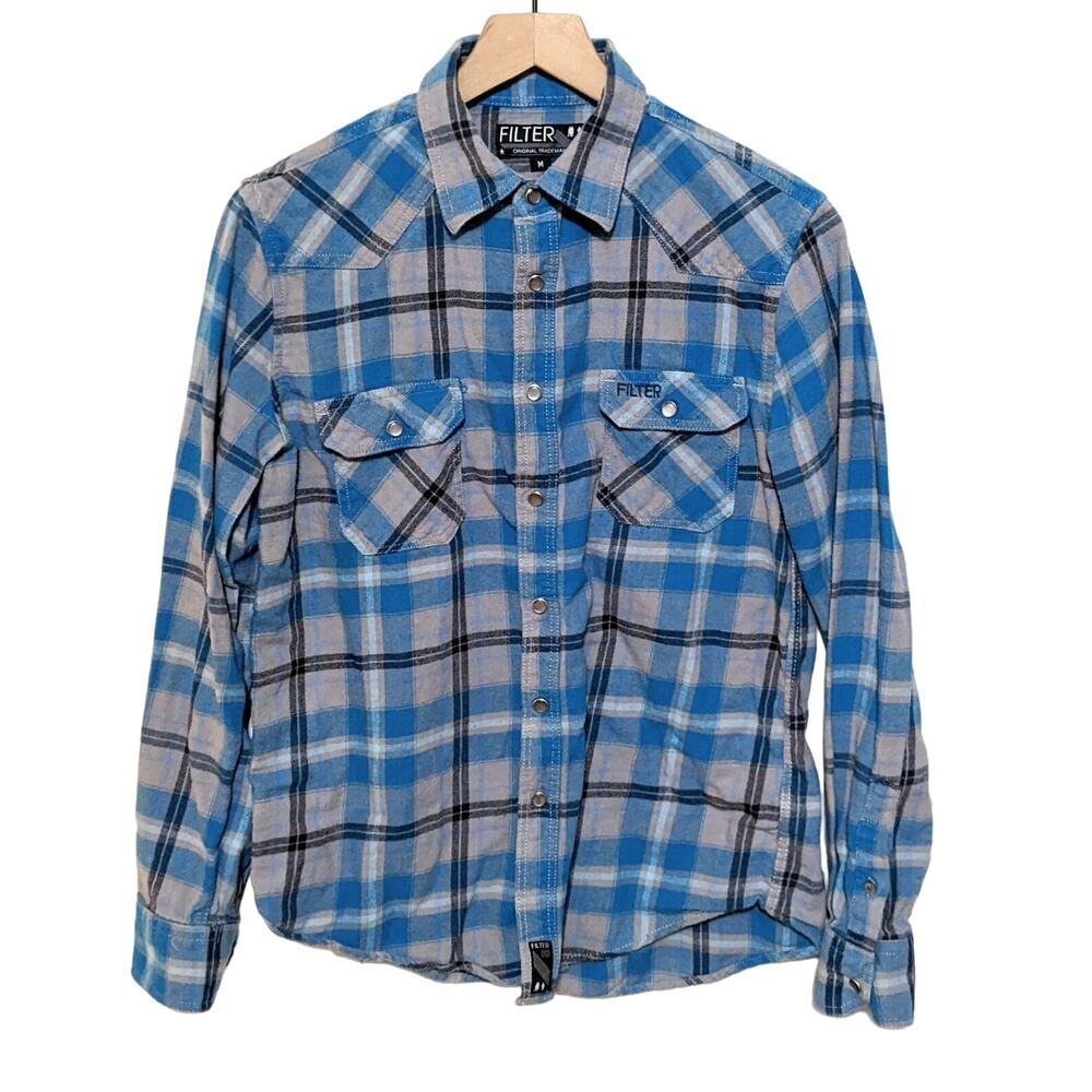 Filter Shirt Mens M Blue Plaid Pearl Snap Flannel Long Sleeve Western Cowboy